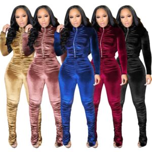 2-Piece High-Waist Ruched Velour Jumpsuit Set