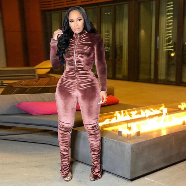 2-Piece High-Waist Ruched Velour Jumpsuit Set