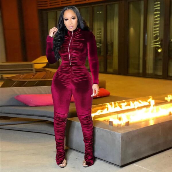 2-Piece High-Waist Ruched Velour Jumpsuit Set
