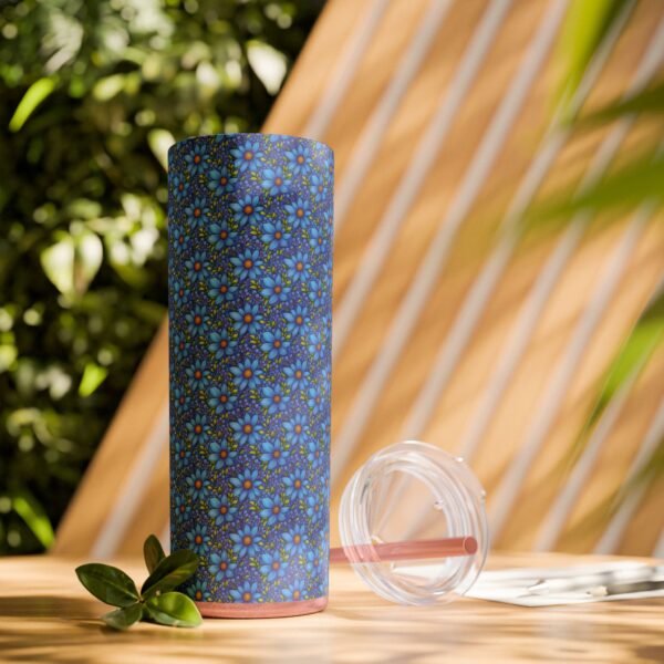 Blue Floral Skinny Glossy Tumbler With Straw - Image 9