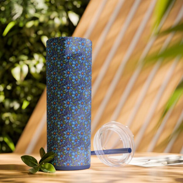 Blue Floral Skinny Glossy Tumbler With Straw - Image 36